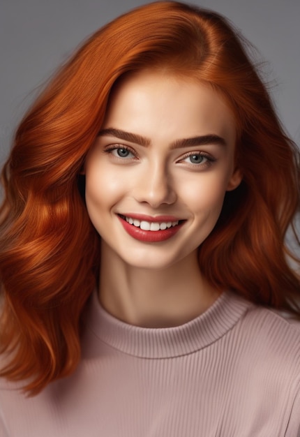 a portrait of a woman with red hair and a pink shirt