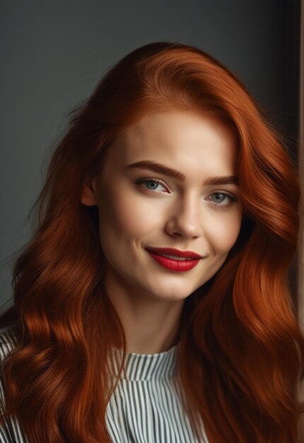 a portrait of a woman with red hair.