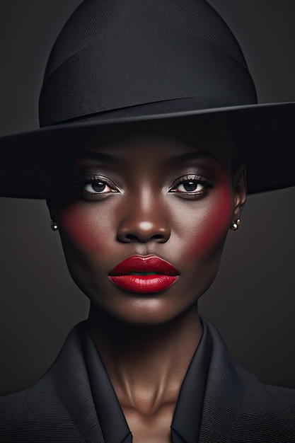 Portrait of a woman with red lipstick and black hat