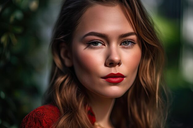 A portrait of a woman with red lipstick and hair