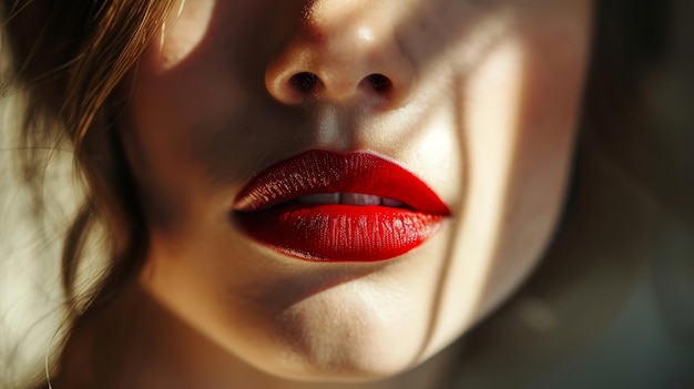 A portrait of a woman with sexy red lips and wavy hair close up