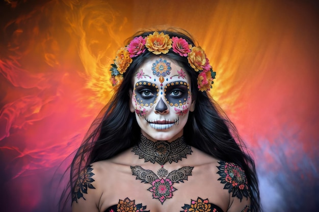 Portrait of a woman with a skull face painted and roses in hair Day of the Dead celebration