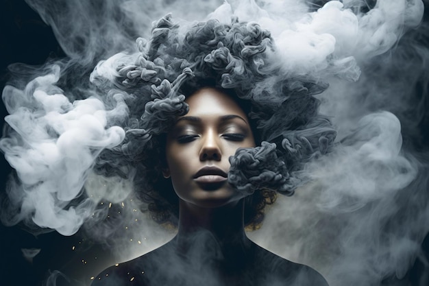 Portrait of a woman with smoke effect surrounded with grey clouds