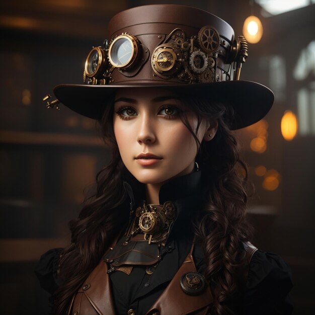 Foto ritratto di una donna con un cappello steampunk e un cappelli steampunk ai generati