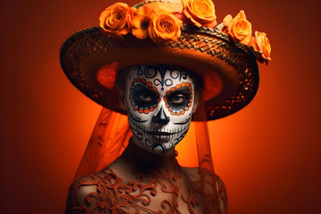 Foto ritratto di una donna con il trucco del cranio di zucchero decorato da fiori sulla testa giorno dei morti