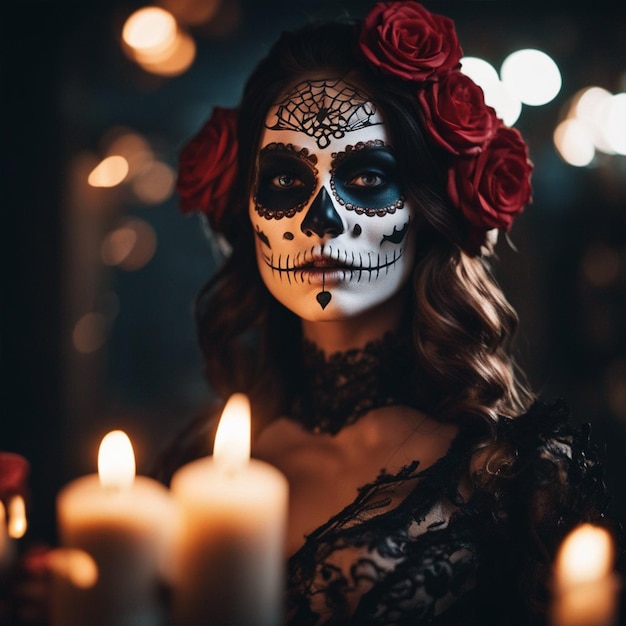 Portrait of a woman with sugar skull makeup over a dark background dead oftheday costume wallpaper