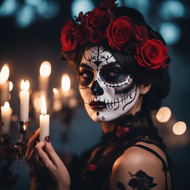 Portrait of a woman with sugar skull makeup over a dark background dead oftheday costume wallpaper