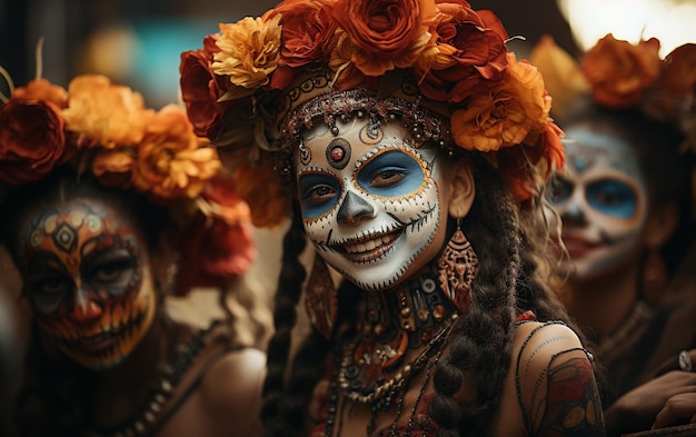 Portrait of a woman with sugar skull makeup over dark background halloween costume and makeup portra Generated with AI