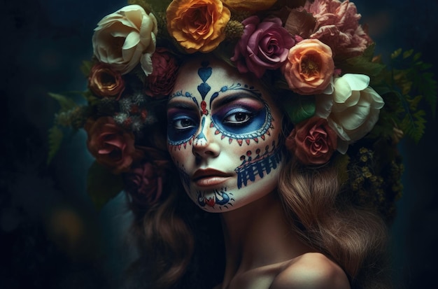 Premium AI Image | Portrait of a woman with sugar skull makeup over ...