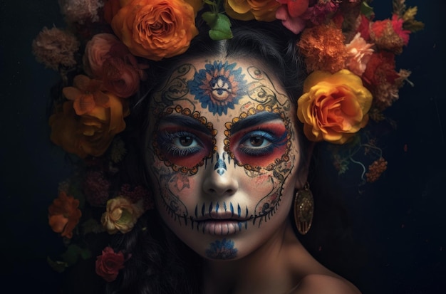 Premium AI Image | Portrait of a woman with sugar skull makeup over ...