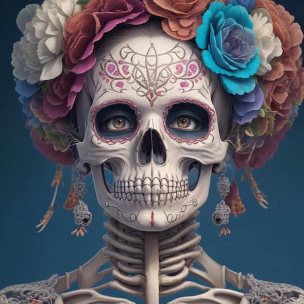 Portrait of a woman with sugar skull makeup over dark background halloween costume and makeup