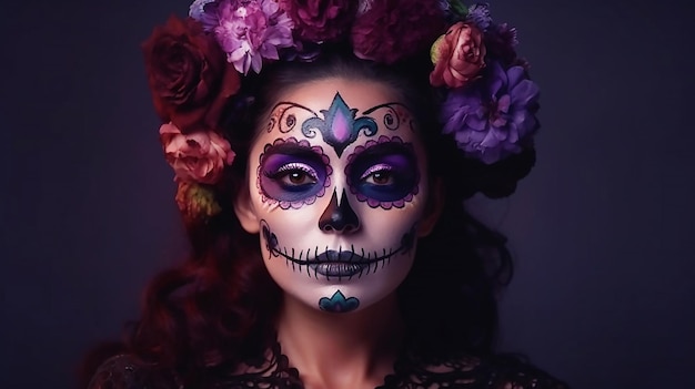 Портрет женщины с макияжем сахарного черепа на красном фоне, костюм и макияж Хэллоуина