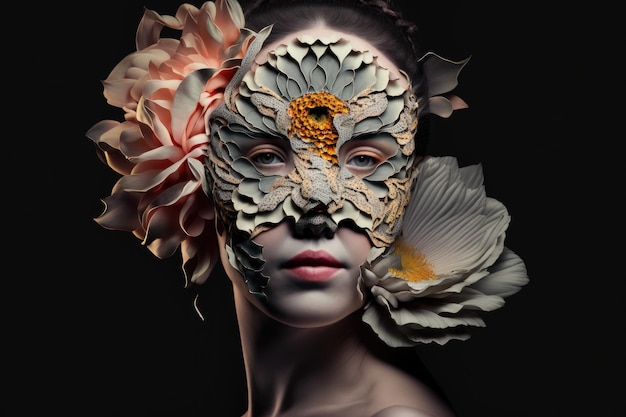 꽃 처럼 보이는 초현실적 인 마스크 를 착용 한 여자 의 초상화