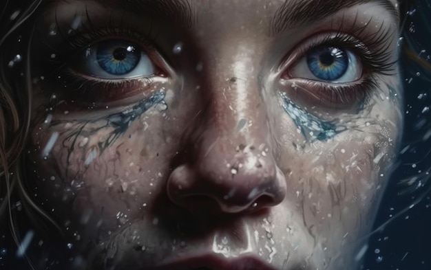 A portrait of a woman with tears on her eyes