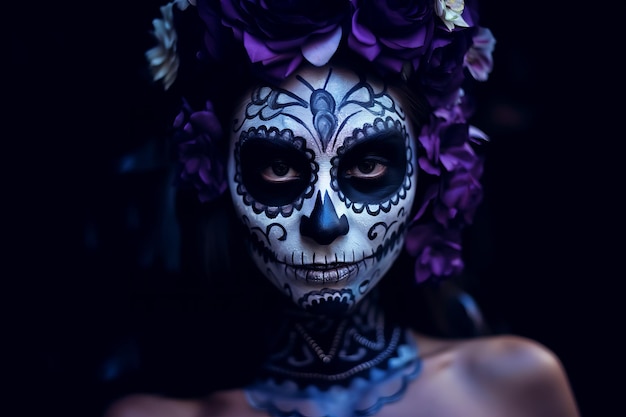 Portrait of woman with traditional la muerte makeup Mexican festival Dia de los Muertos Halloween