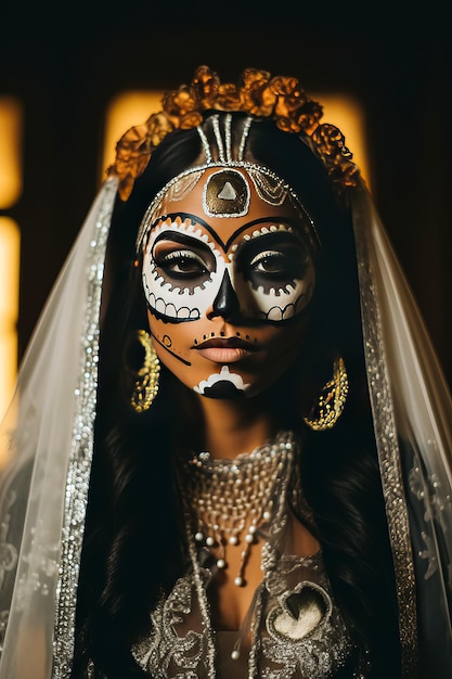 Portrait of woman with traditional la muerte makeup Mexican festival Dia de los Muertos Halloween