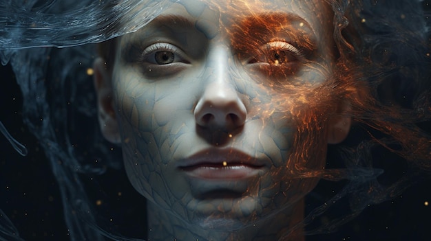 Portrait of woman with universe projection texture realistic