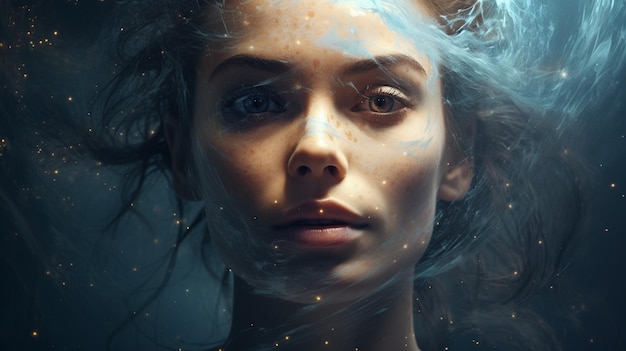 Portrait of woman with universe projection texture realistic