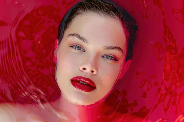 a portrait of a woman with vibrant red lips immersed in a crimson pool