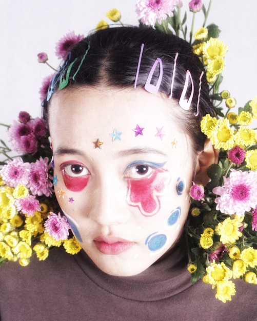 Portrait of woman with yellow flower