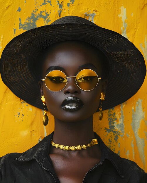 Portrait of woman with yellow glasses on yellow background Concept fashion style