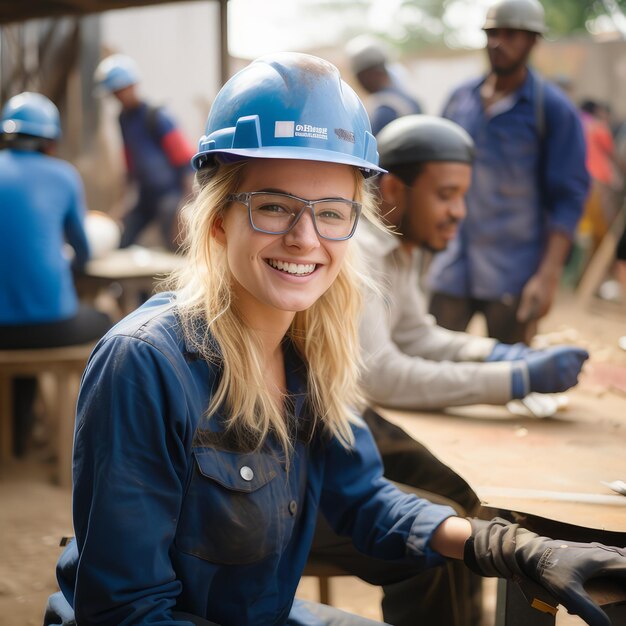 Foto ritratto di una lavoratrice sul cantiere