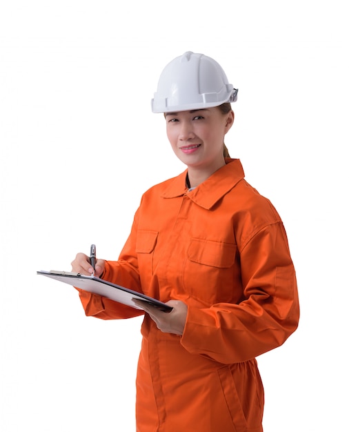 Portrait of a woman worker in Mechanic Jumpsuit is holding clipboard