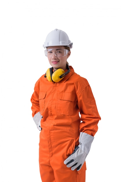 Portrait of a woman worker in Mechanic Jumpsuit isolated on white 