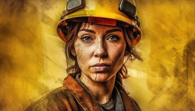 Portrait of woman worker in security helmet on dark dirty yellow background