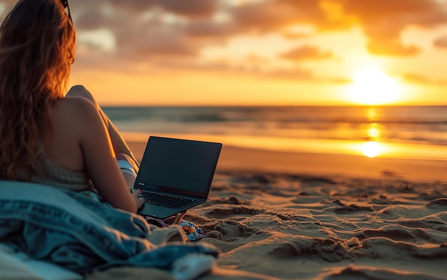 Portrait of a woman working on laptop near sea beach with a big copy space for text Generative AI