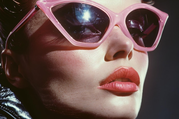 Photo portrait of a womans face for a fashion magazine a girl in sunglasses with pink frames and makeup