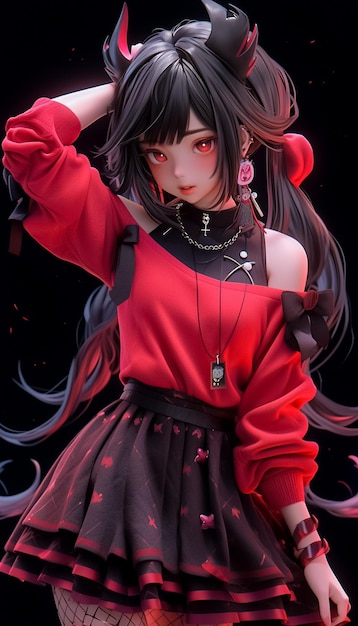 Portrait of Women in Cosplay Cat with red dress and cat Ears Super cool and beautiful Ai Generated