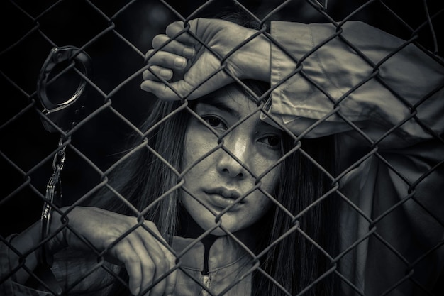 Portrait of women desperate to catch the iron prisonprisoner\
conceptthailand peoplehope to be freeif the violate the law would\
be arrested and jailed