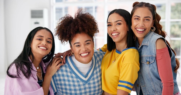 portrait women and smile with selfie for photography social media post and influencer blog of live streaming happy friends and hug with profile picture update content creator and memory together