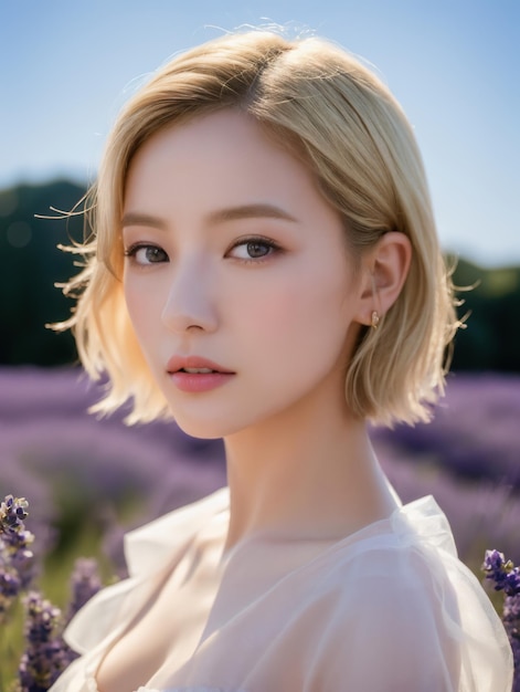 Portrait of women wearing organza dress in lavender field