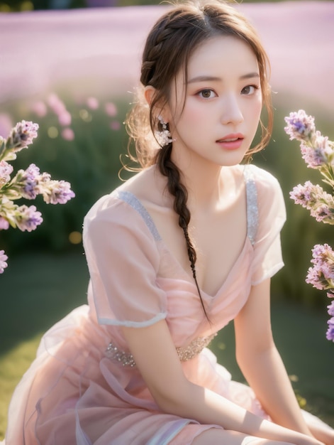 Portrait of women wearing organza dress in lavender field