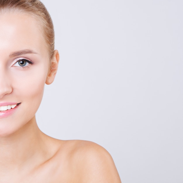 Portrait of women with perfect skin. Skincare. White smile. Salon