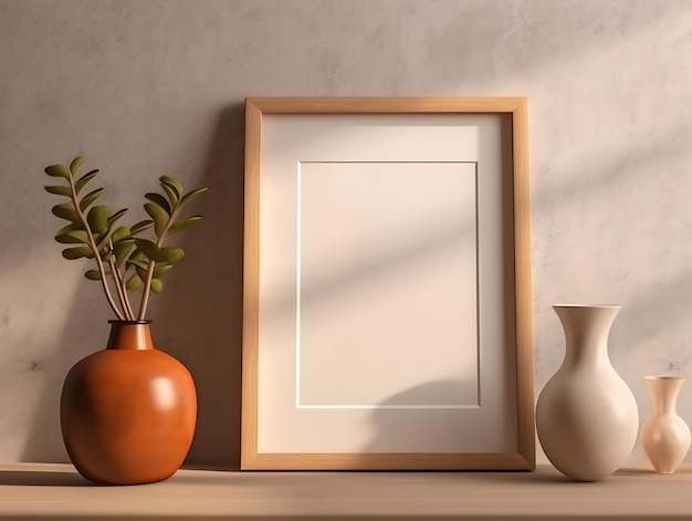Portrait wooden frame mockup on a table modern ceramic vase and books with sun reflections on the bright brown wall ai generative