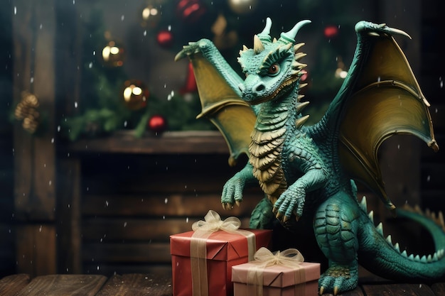 Photo portrait of wooden green magical fantasy dragon on green background with christmas tree