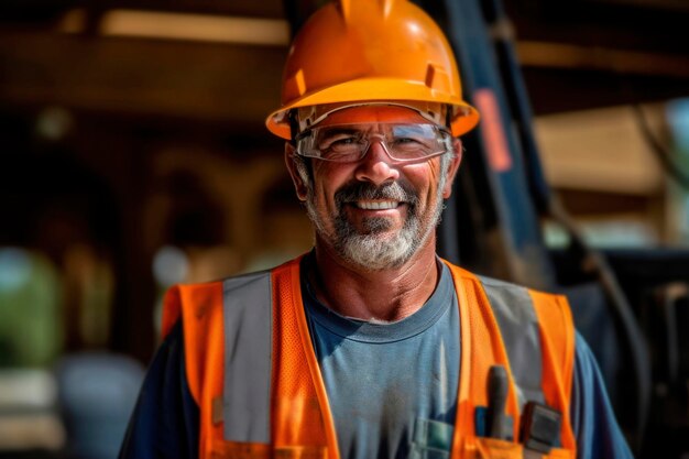 Portrait of worker builder standing against of USA flag background at Labor Day celebration Working man in uniform and safety construction helmet generated AI