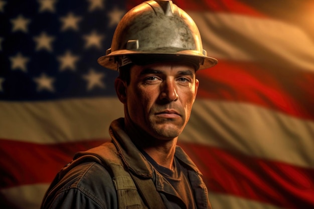 Портрет строителя-работника, стоящего на фоне флага США на праздновании Дня труда.