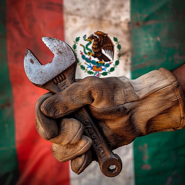 Portrait of a Worker Holding an Old Wrench and Zimbabwe Flag