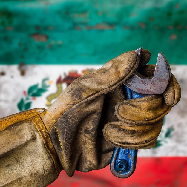 Portrait of a Worker Holding an Old Wrench and Zimbabwe Flag