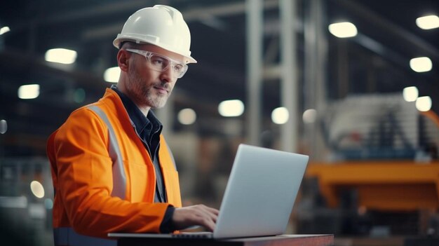 Photo portrait of worker technician professional engineer helmet using a laptop with control in a