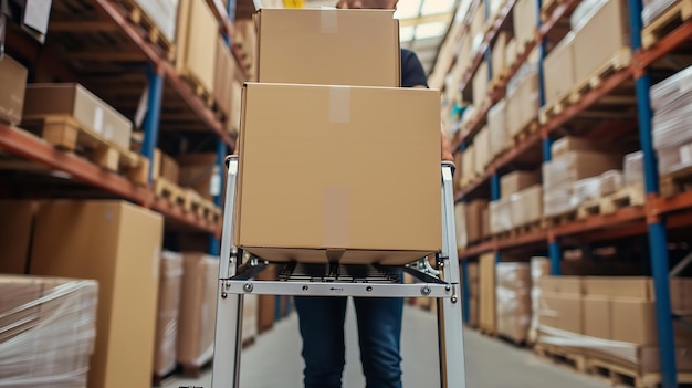 Portrait of a worker in Wearhouse pushes hand truck with a copy space Generative AI