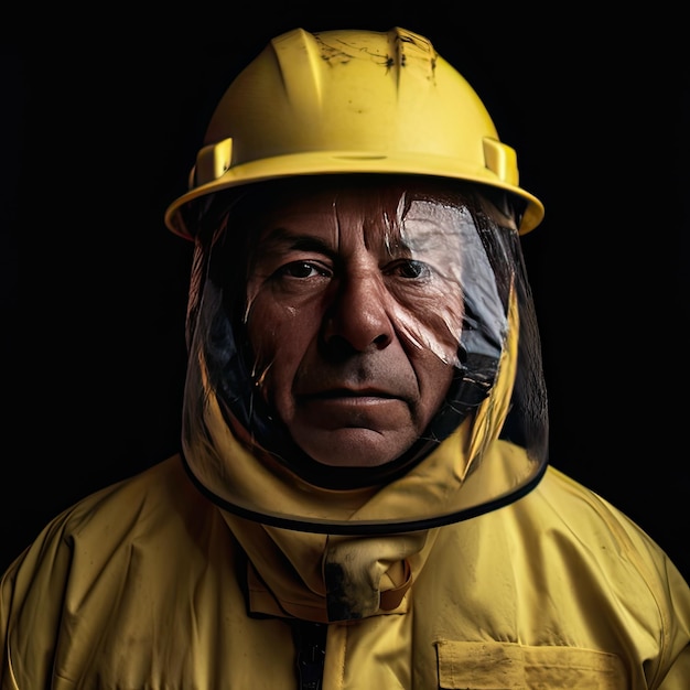 Portrait of a worker with yellow hard hat and raincoat Concept of industrial and mining work