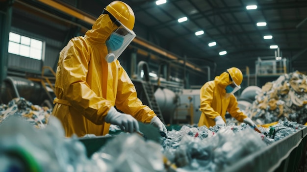 Portrait workers wearing biohazard suits and hardhats working at waste processing plant sorting inside factory