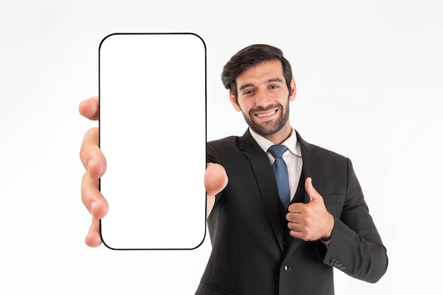 Photo portrait working asian business handsome man ware suit showing big smart phone with blank screen white screen for mobile app advertising isolated on white background with copy space