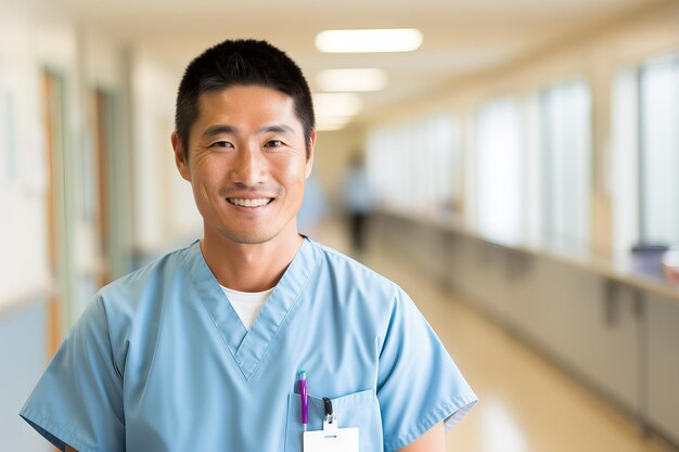 Portrait of working Japanese cheerful nursing staff wearing a light blue polo shirt Generative AI