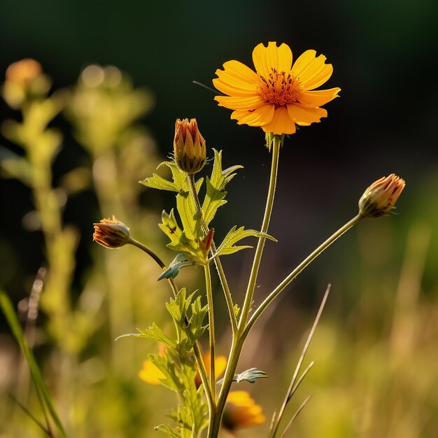 Photo portrait of the yellow color wildflower at forest